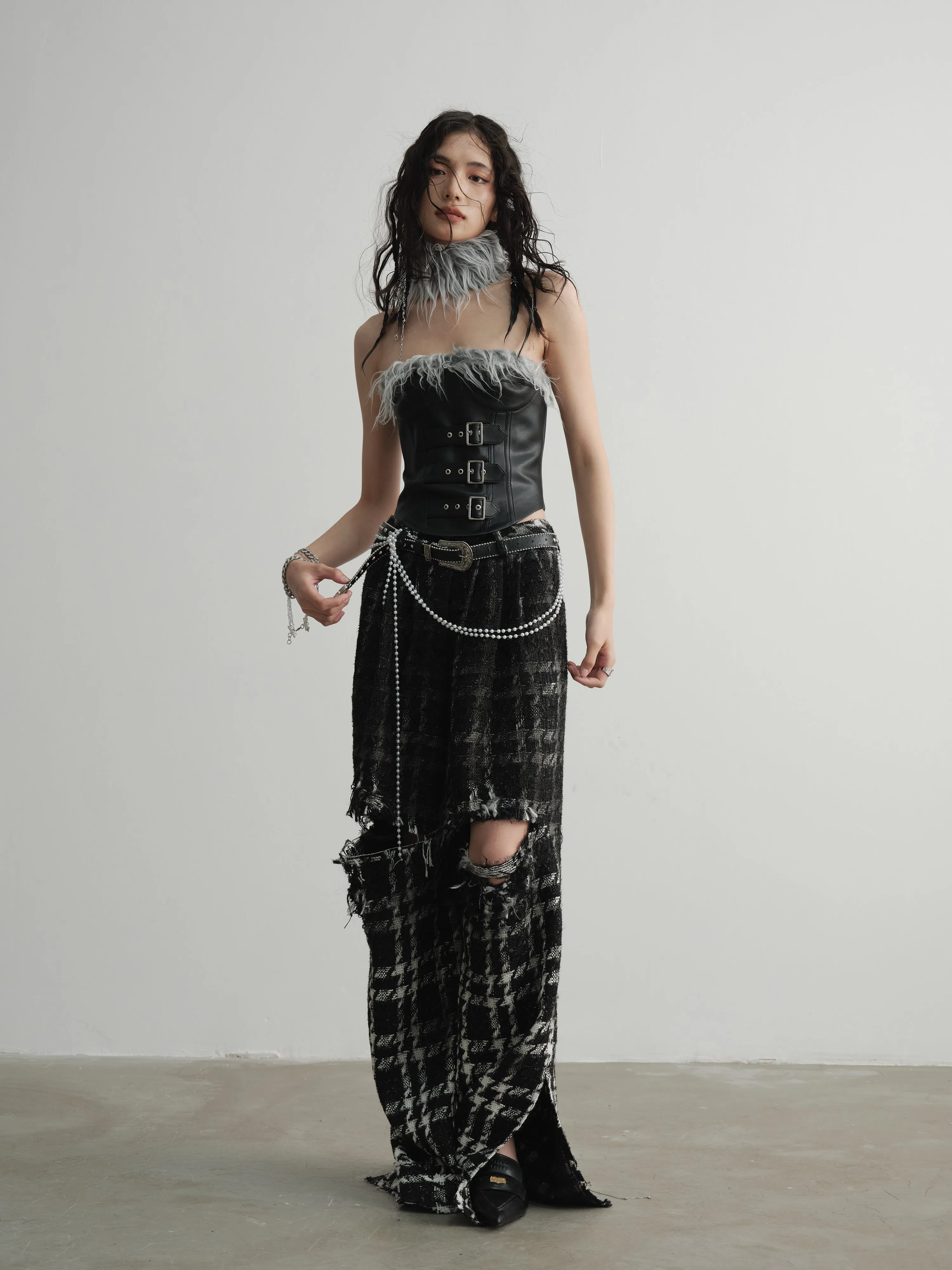 Punk Heavy Sense Raw Edge Gradient Wide Leg Plaid Trousers