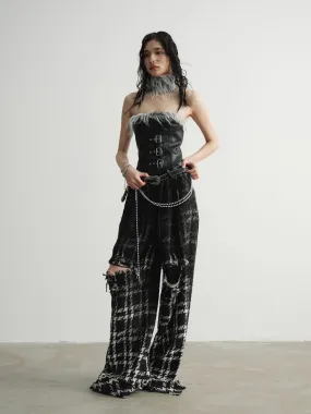 Punk Heavy Sense Raw Edge Gradient Wide Leg Plaid Trousers