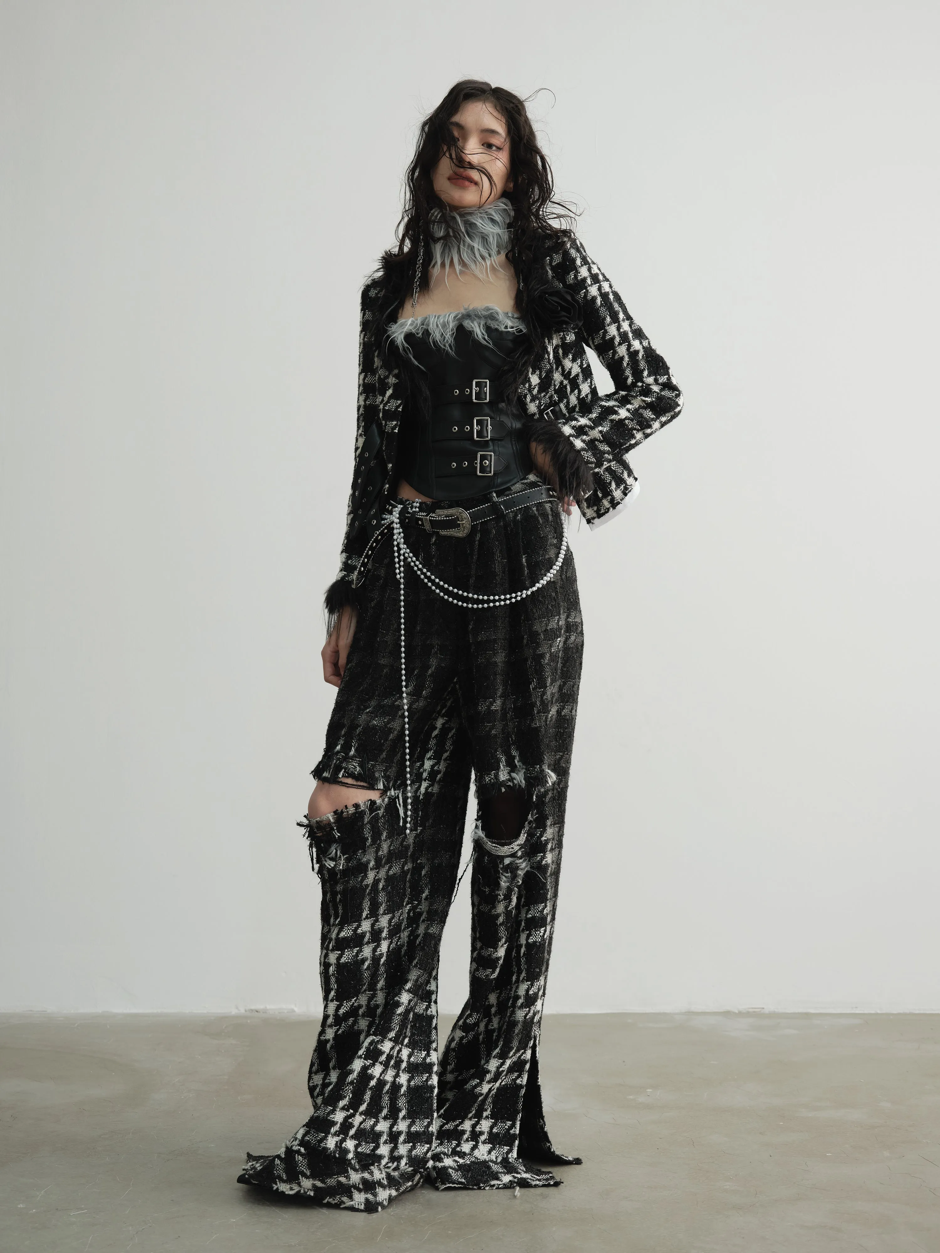 Punk Heavy Sense Raw Edge Gradient Wide Leg Plaid Trousers