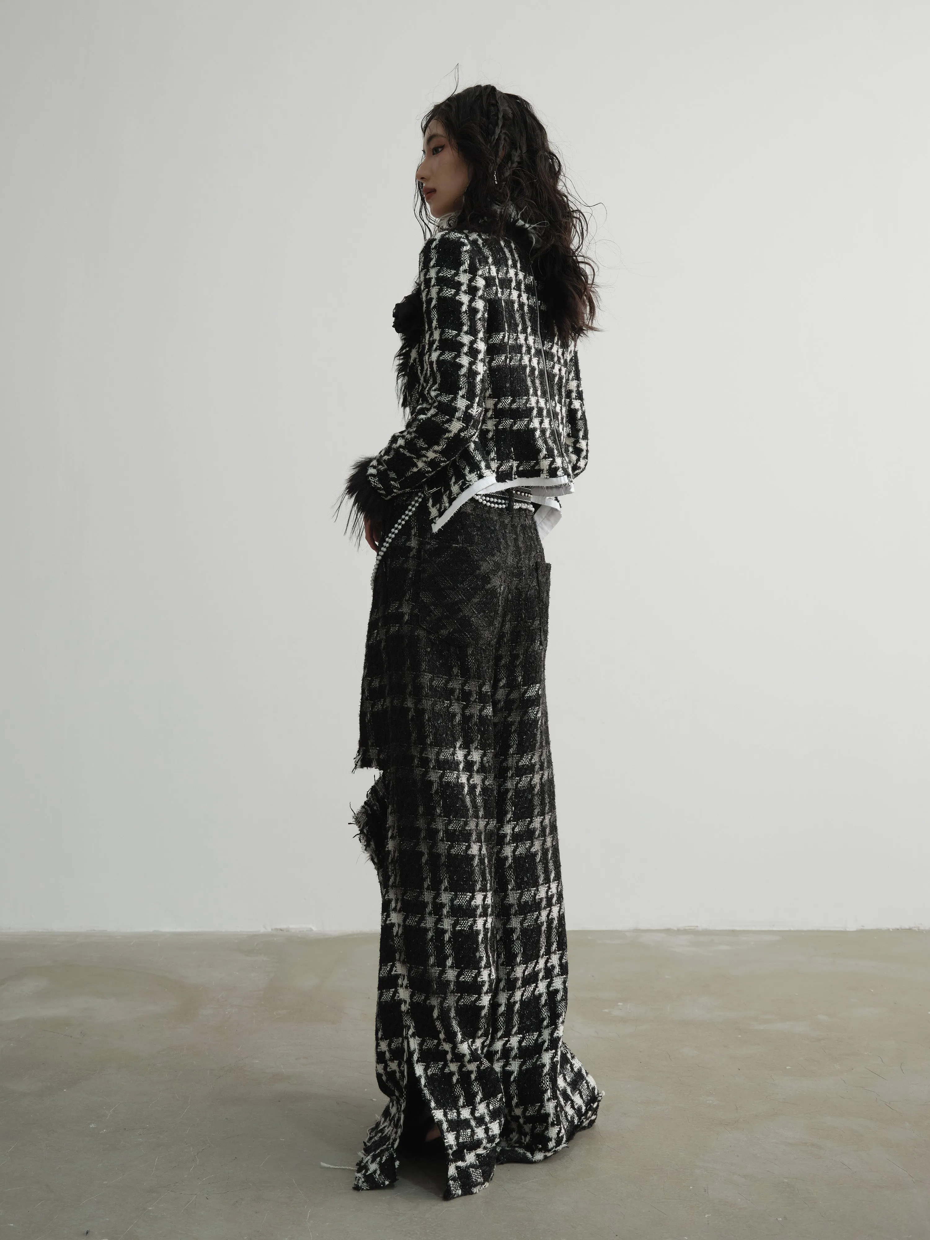 Punk Heavy Sense Raw Edge Gradient Wide Leg Plaid Trousers