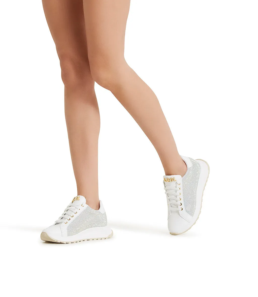 Rhinestoned White leather and suede sneakers