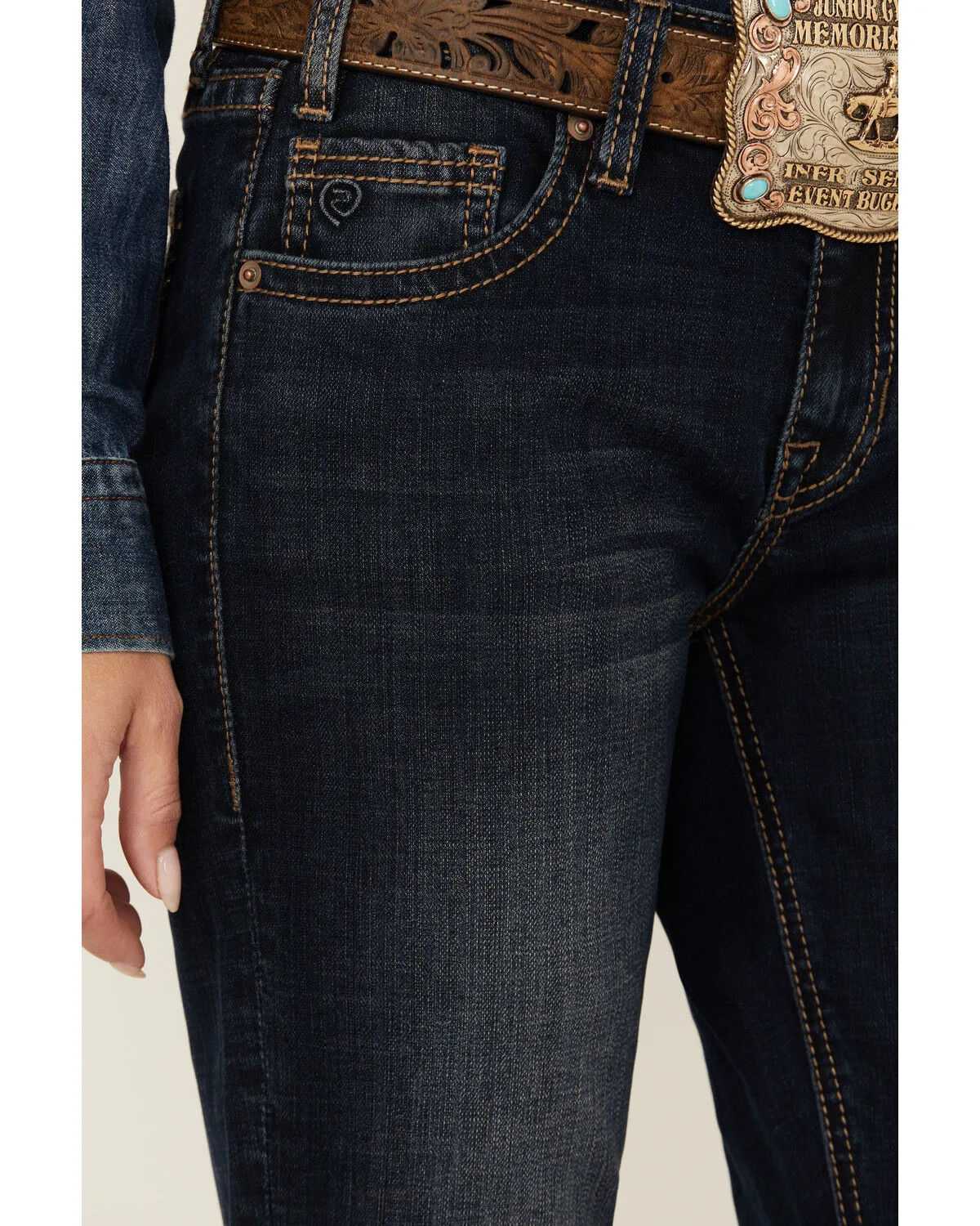 Rock & Roll Denim Women's Dark Wash Mid Rise Embroidered Riding Stretch Denim Jeans