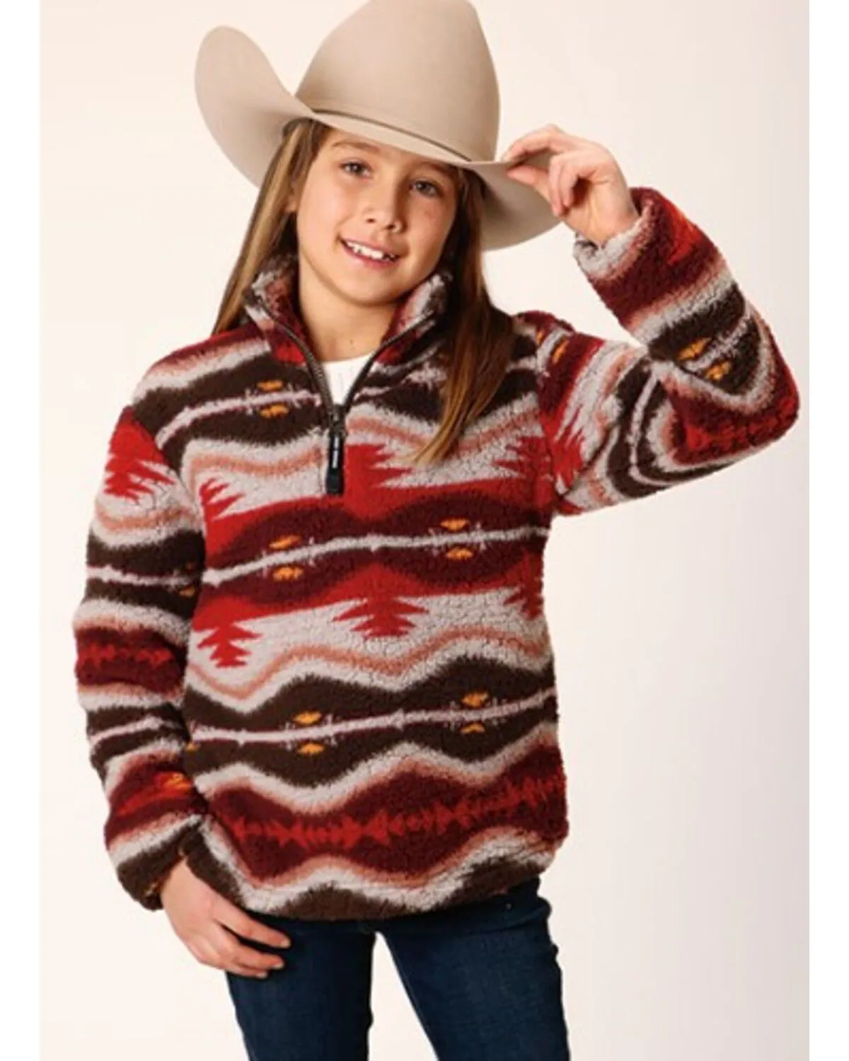 Roper Girls' Southwestern Print Fuzzy Polar Fleece Pullover