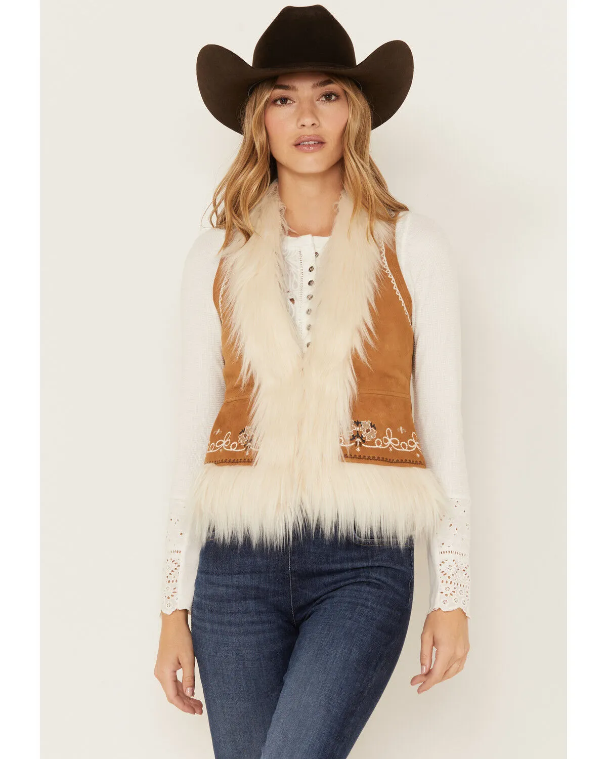 Shyanne Women's Fur Trim Embroidered Vest