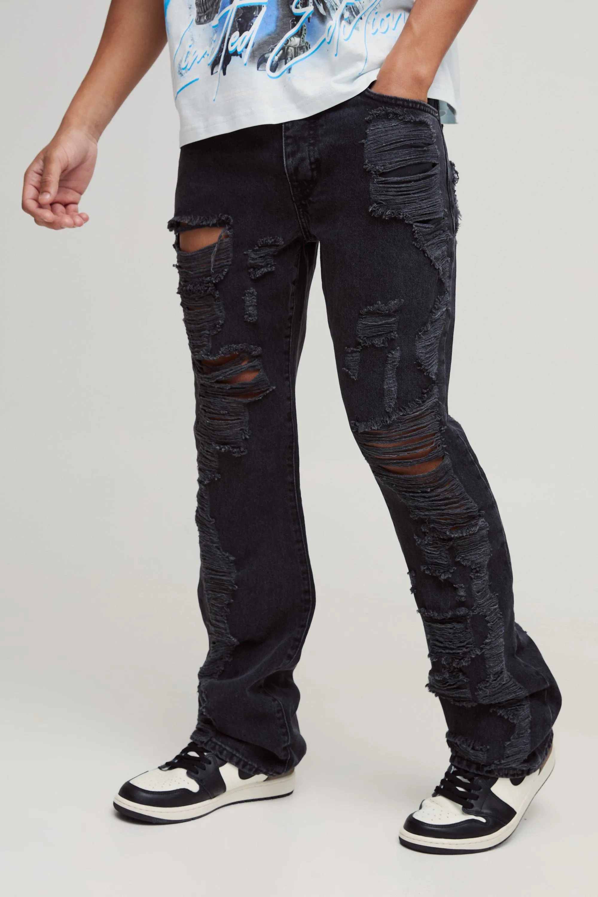 Slim Rigid Flare All Over Ripped Denim Jeans