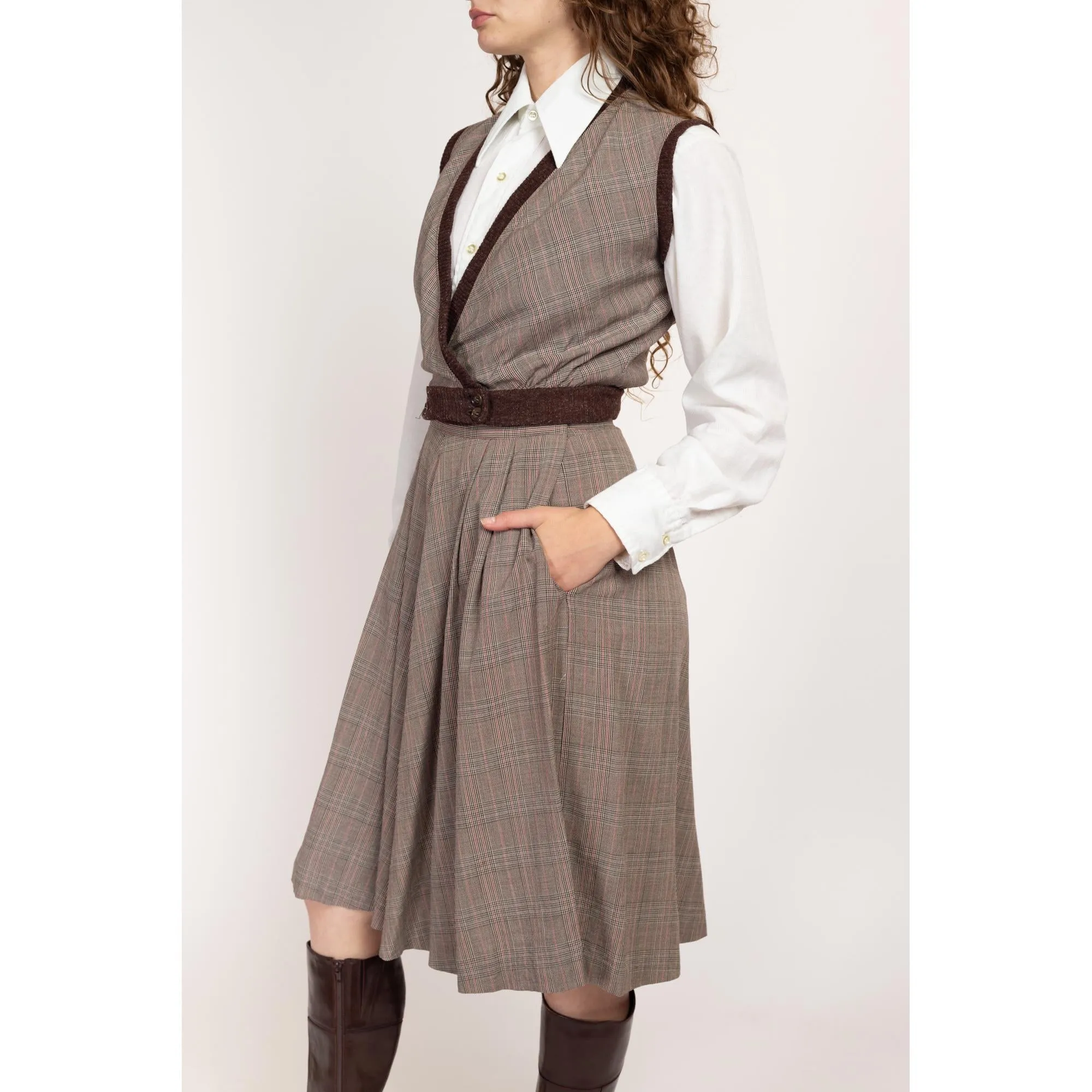 Small 1940s Brown Plaid Vest & Midi Skirt Set