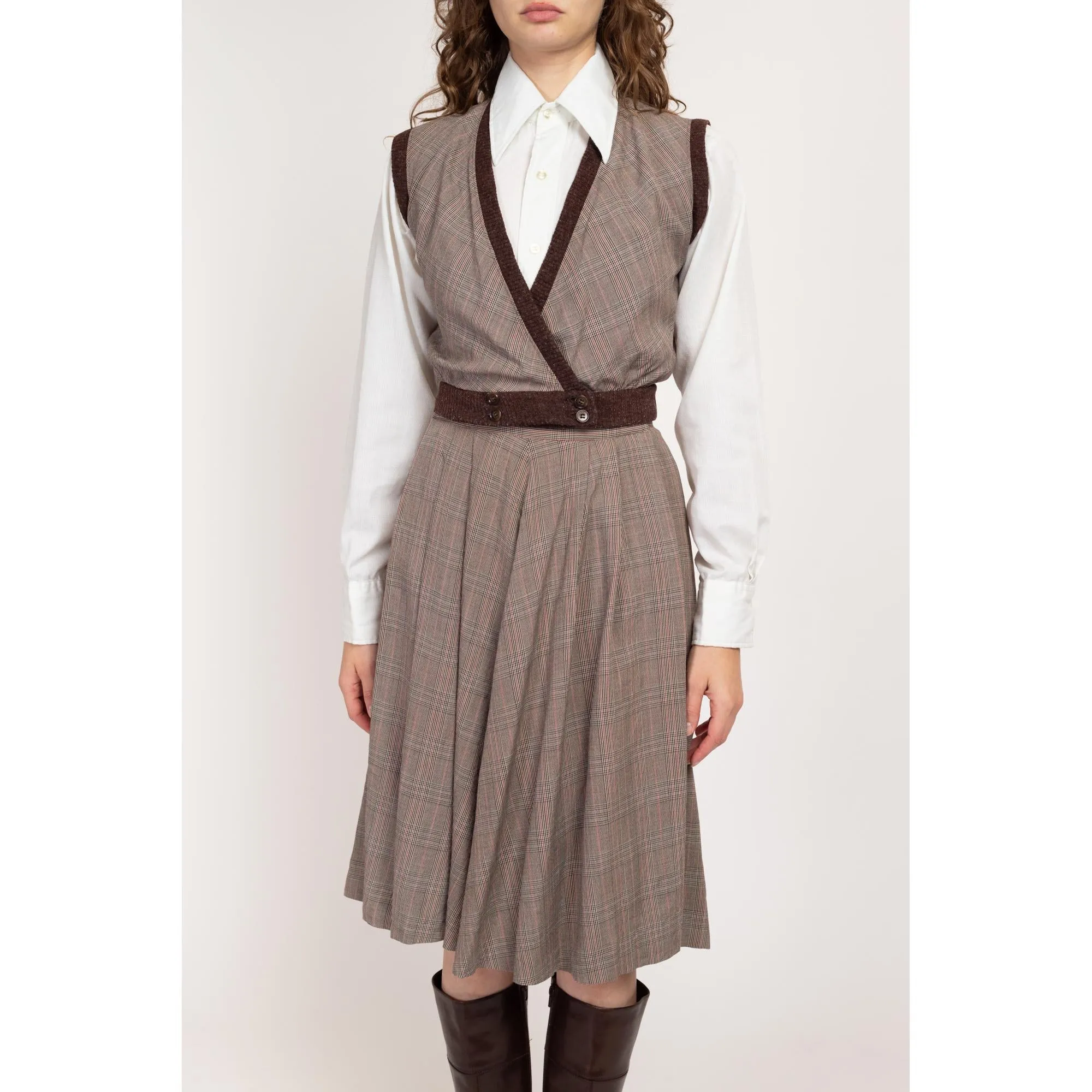 Small 1940s Brown Plaid Vest & Midi Skirt Set