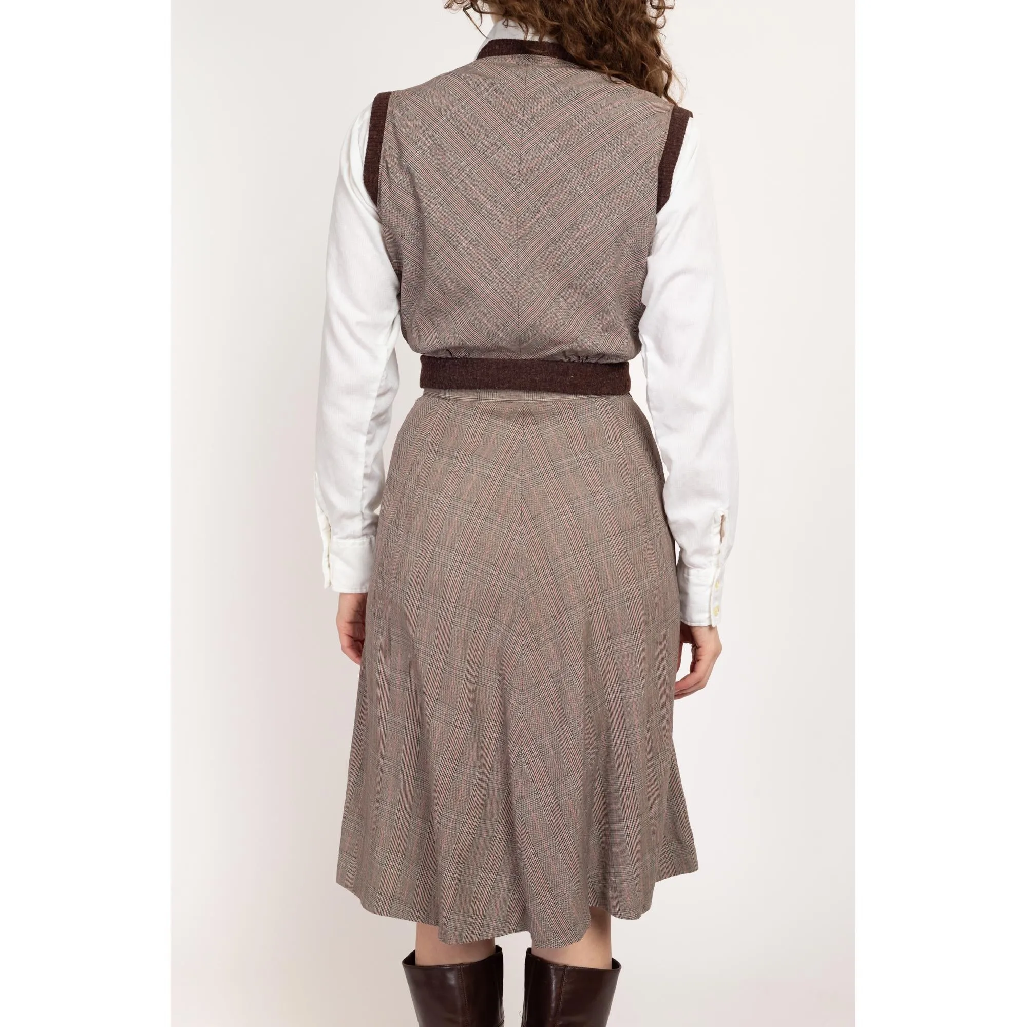 Small 1940s Brown Plaid Vest & Midi Skirt Set