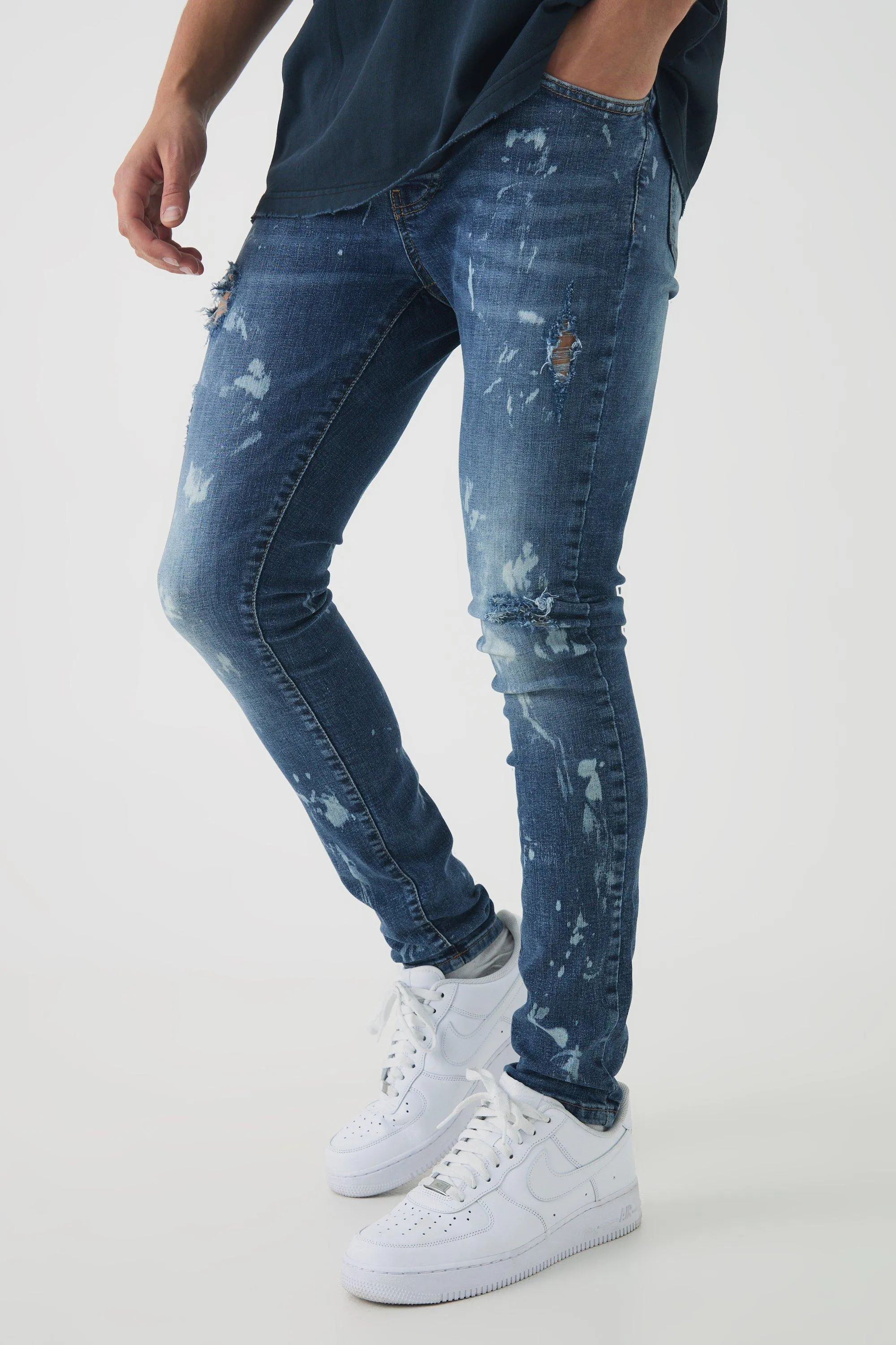 Super Skinny Stretch Bleached Ripped Denim Jeans