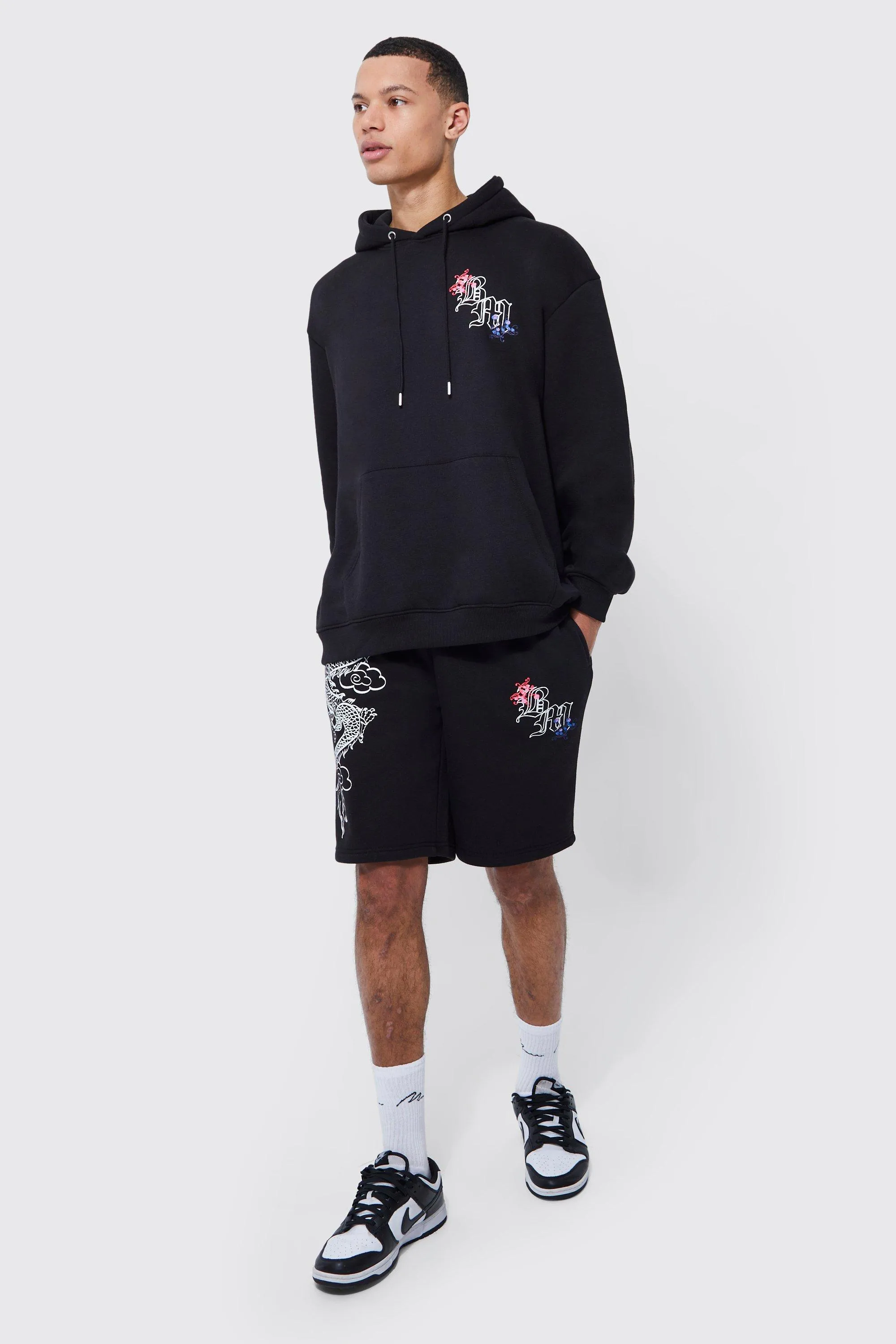 Tall Dragon Graphic Short Hooded Tracksuit | boohooMAN UK