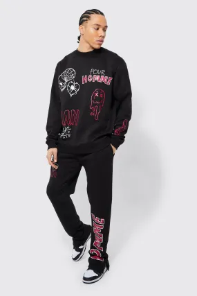 Tall Graffiti Sweatshirt Split Hem Tracksuit | boohooMAN UK