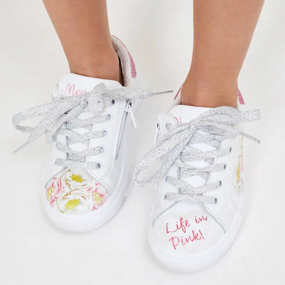 Teen Girls White Floral Leather Trainers