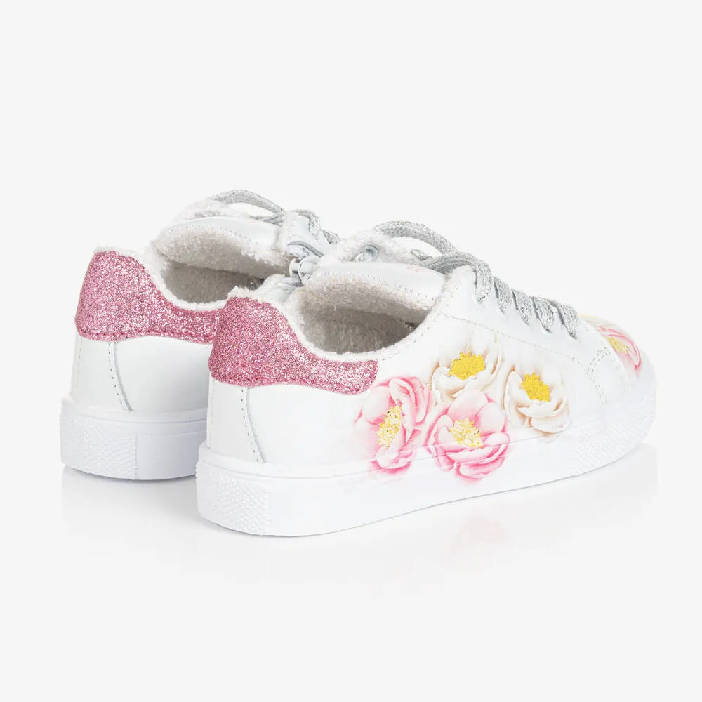 Teen Girls White Floral Leather Trainers