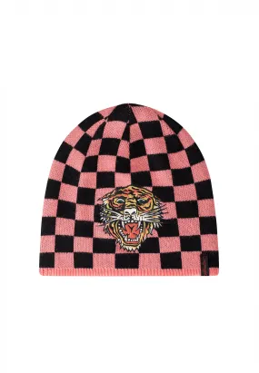 Unisex Checkered-Tiger Beanie Hat - Pink/Black