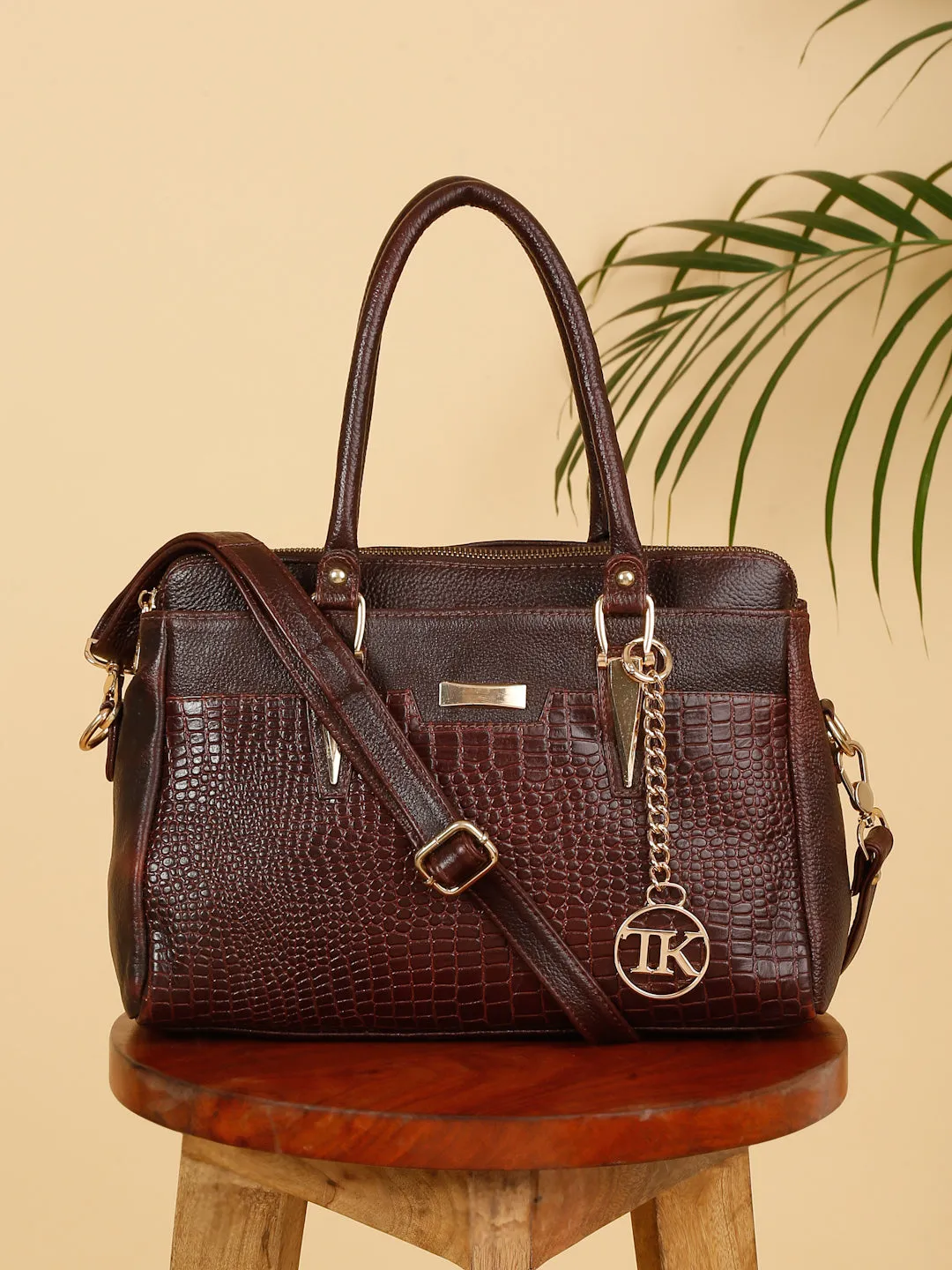 Women Brown Texture Leather Handheld Bag