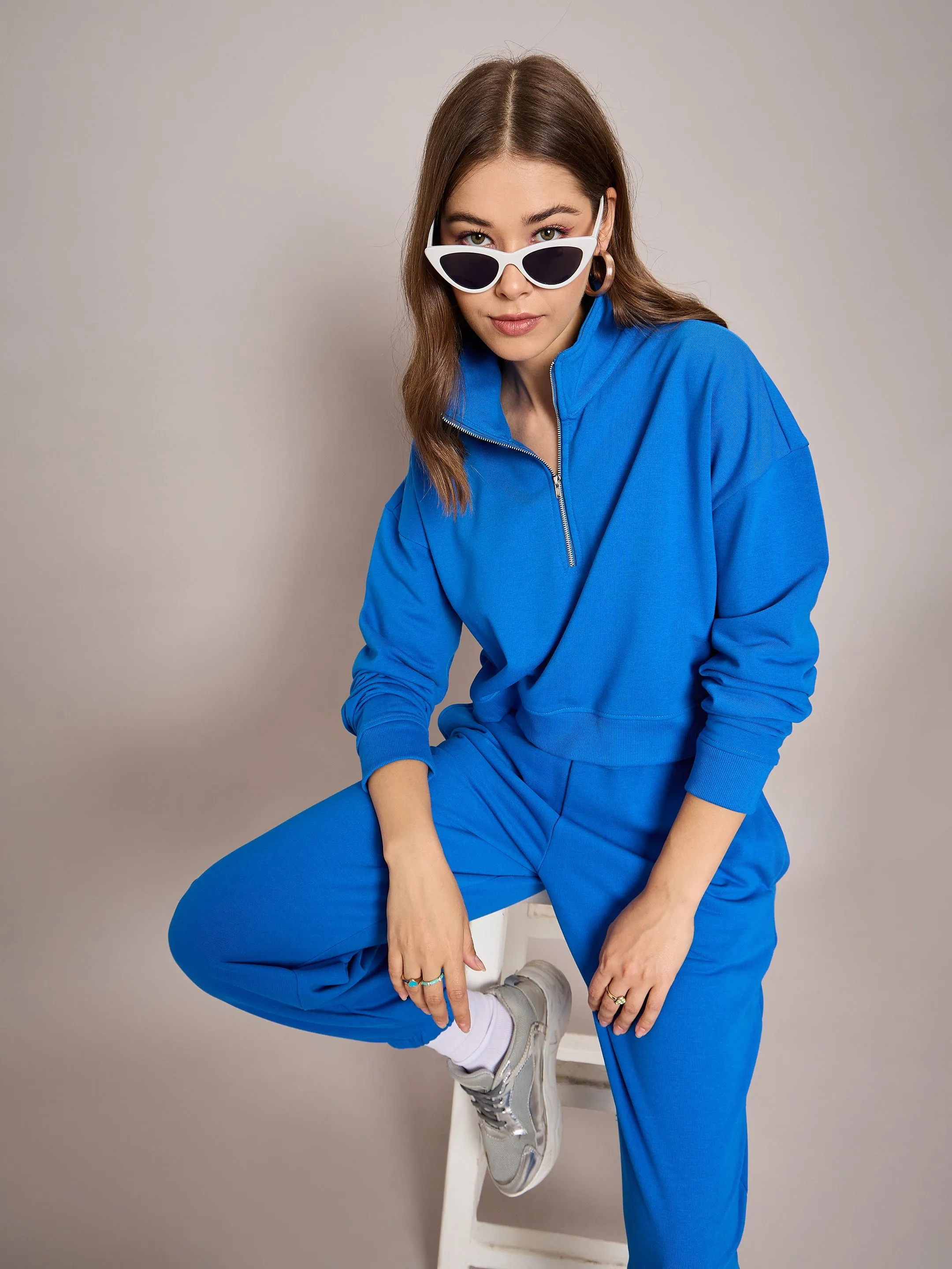 Women Royal Blue Terry Oversized Zipper Sweatshirt With Baggy Joggers