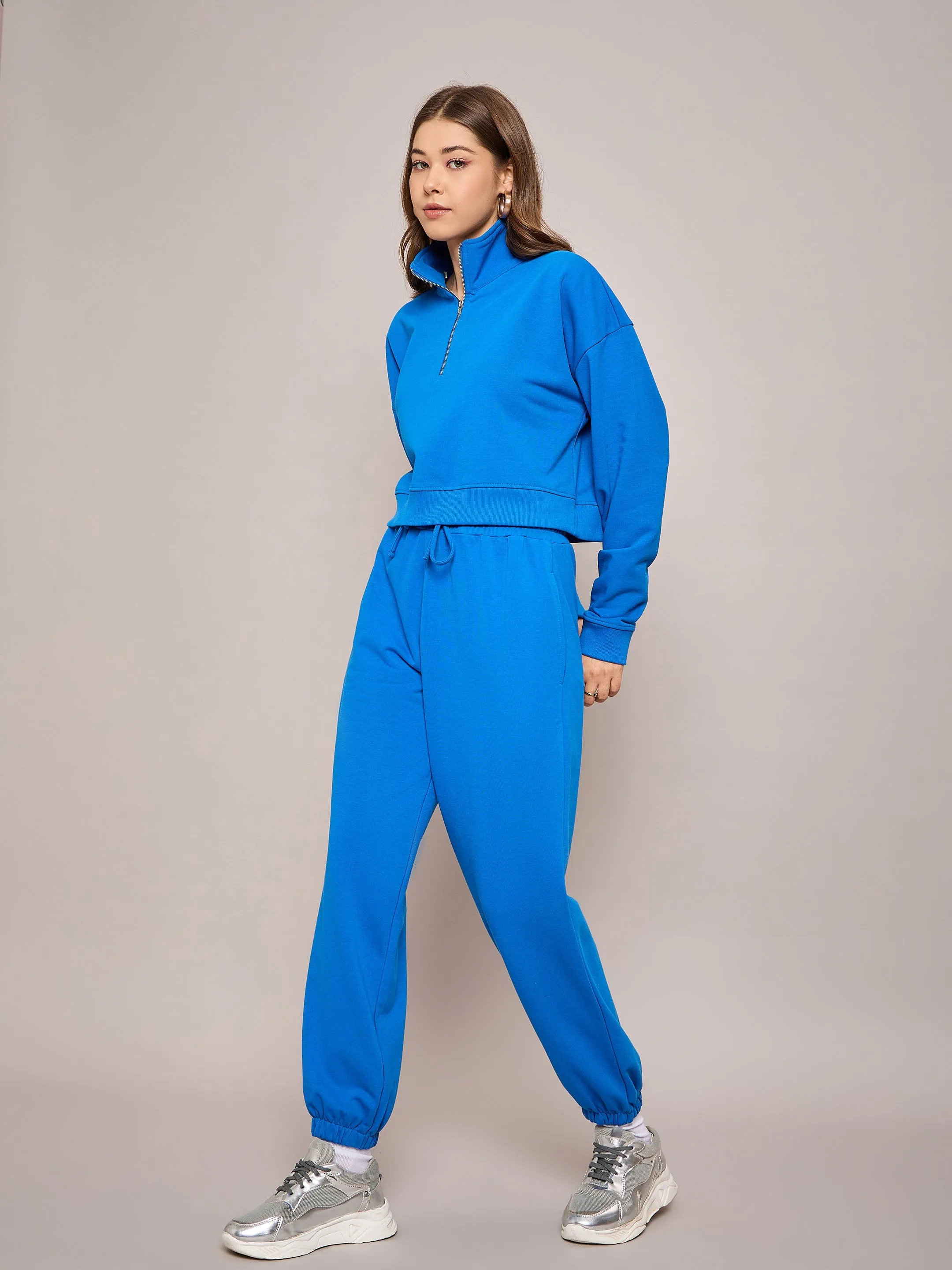 Women Royal Blue Terry Oversized Zipper Sweatshirt With Baggy Joggers