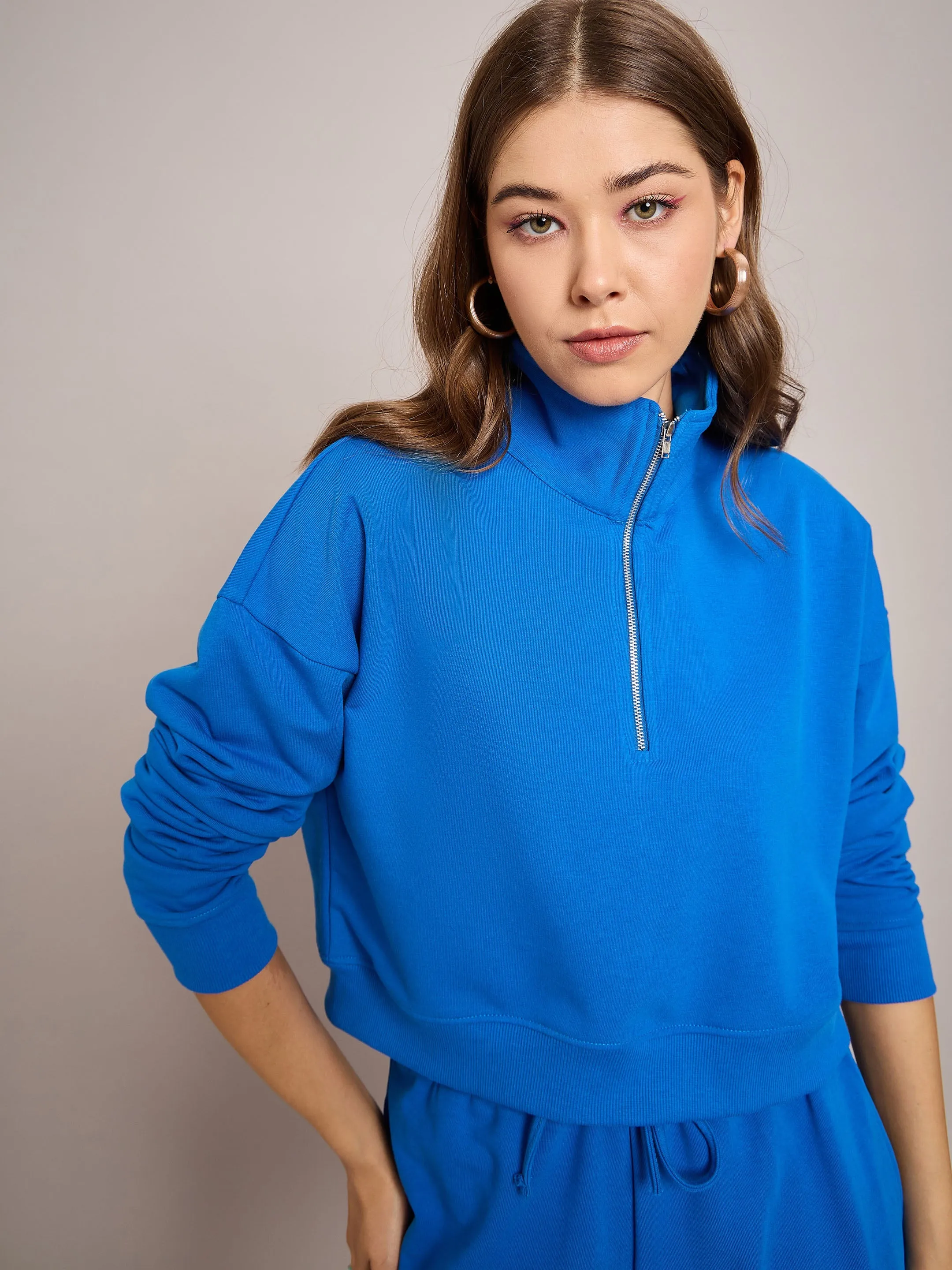 Women Royal Blue Terry Oversized Zipper Sweatshirt With Baggy Joggers