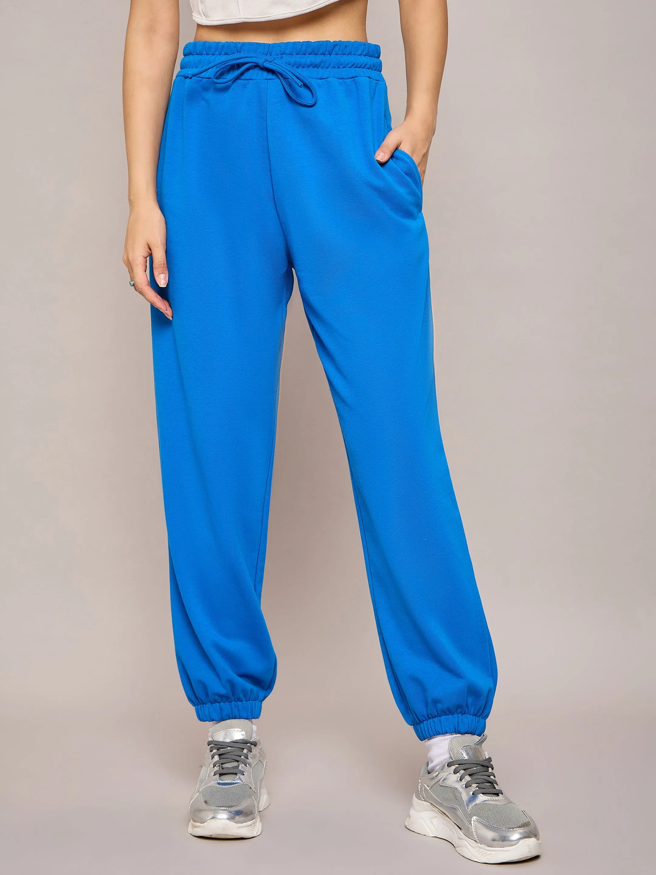 Women Royal Blue Terry Oversized Zipper Sweatshirt With Baggy Joggers