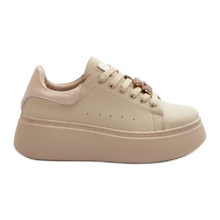 Women's Leather Sneakers On Platform With Teddy Bear Beige Vinceza 66641