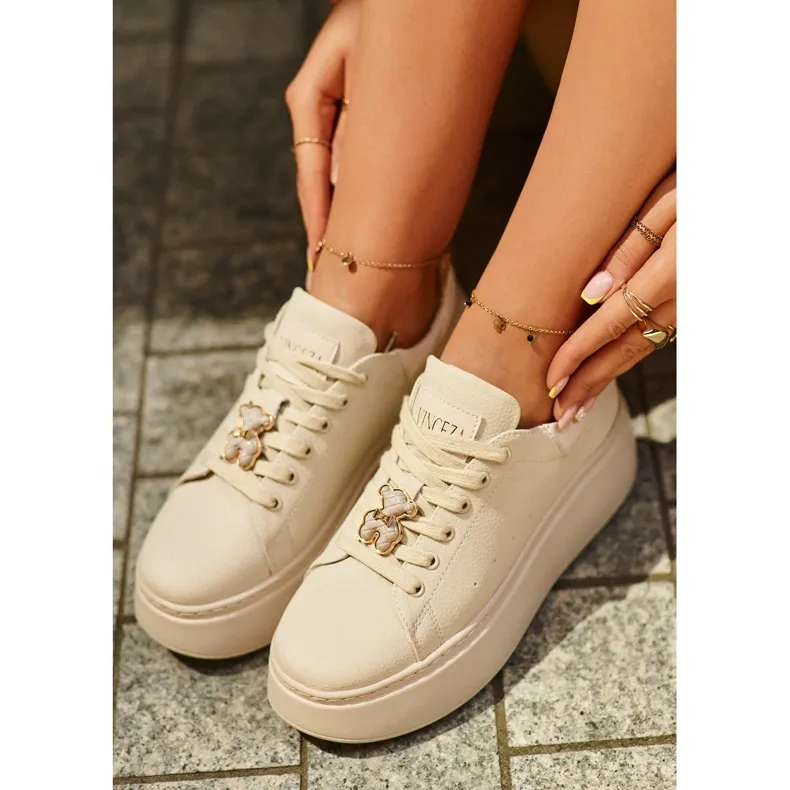 Women's Leather Sneakers On Platform With Teddy Bear Beige Vinceza 66641