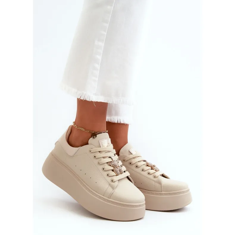 Women's Leather Sneakers On Platform With Teddy Bear Beige Vinceza 66641