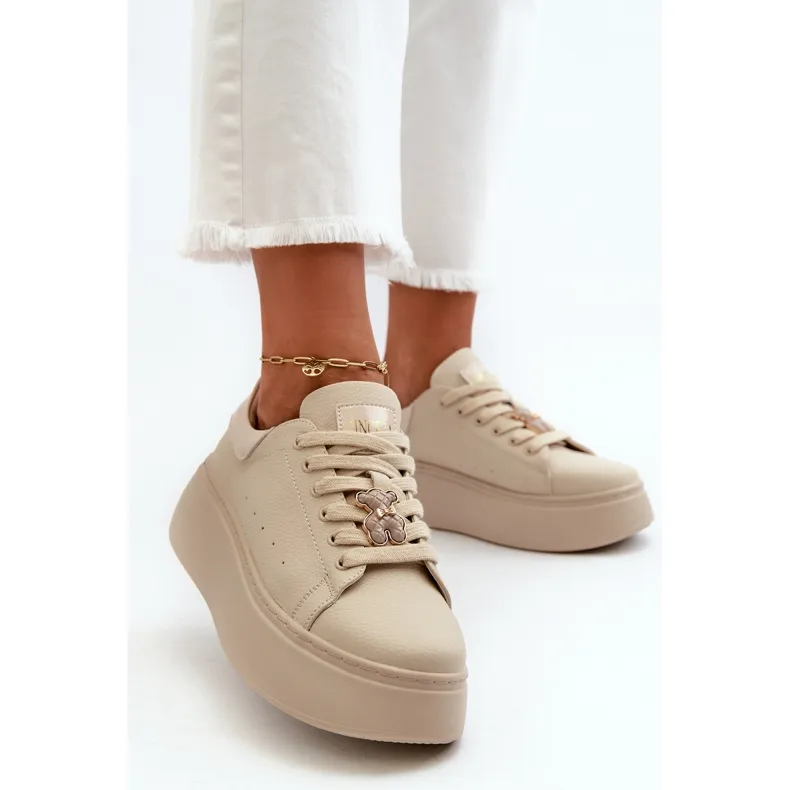 Women's Leather Sneakers On Platform With Teddy Bear Beige Vinceza 66641