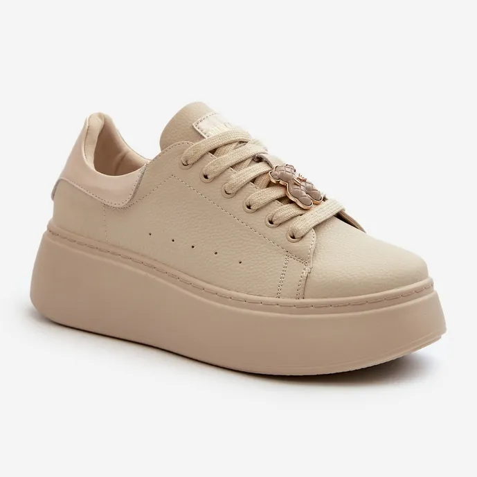 Women's Leather Sneakers On Platform With Teddy Bear Beige Vinceza 66641