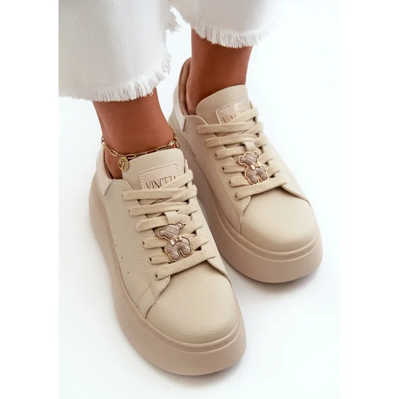 Women's Leather Sneakers On Platform With Teddy Bear Beige Vinceza 66641