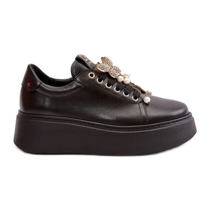 Women's Leather Sneakers On The Platform With Butterfly CheBello 4585 Black