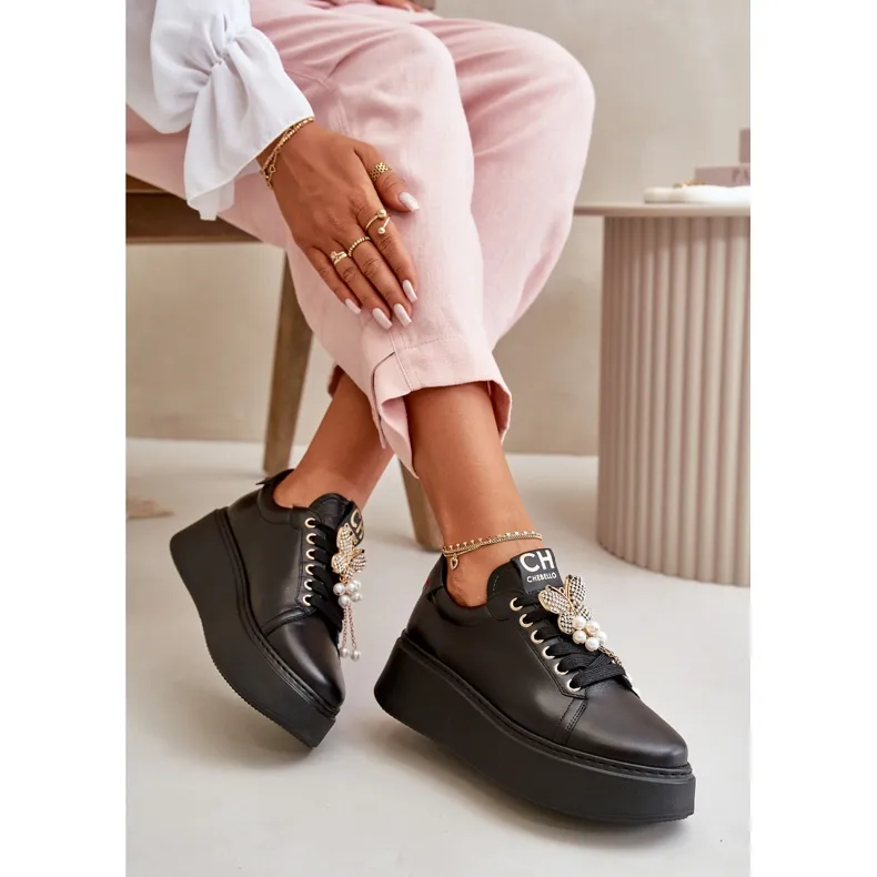 Women's Leather Sneakers On The Platform With Butterfly CheBello 4585 Black