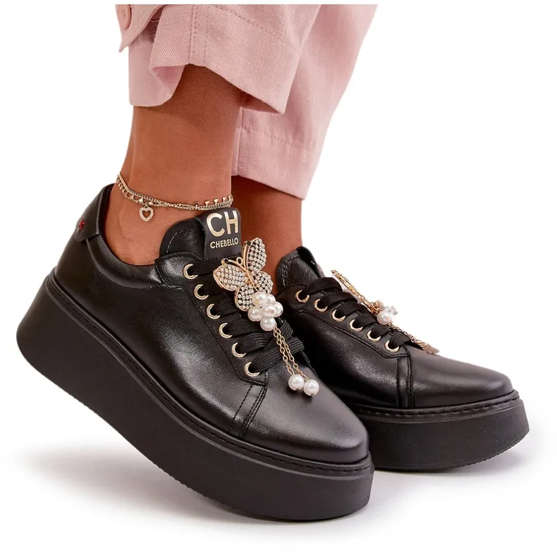 Women's Leather Sneakers On The Platform With Butterfly CheBello 4585 Black