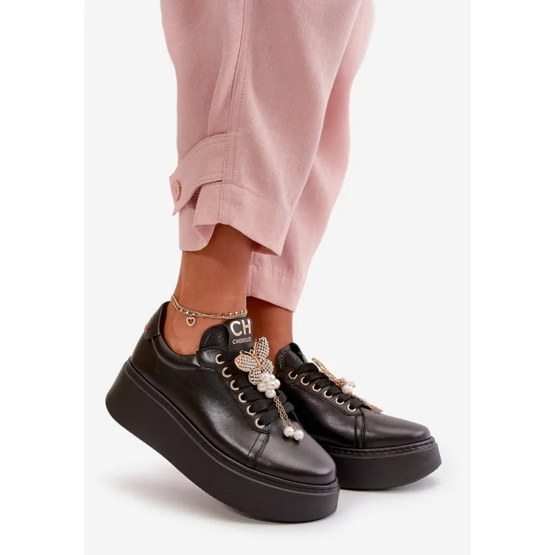 Women's Leather Sneakers On The Platform With Butterfly CheBello 4585 Black