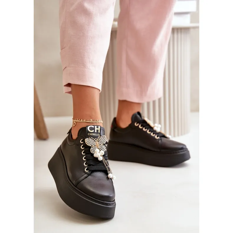 Women's Leather Sneakers On The Platform With Butterfly CheBello 4585 Black