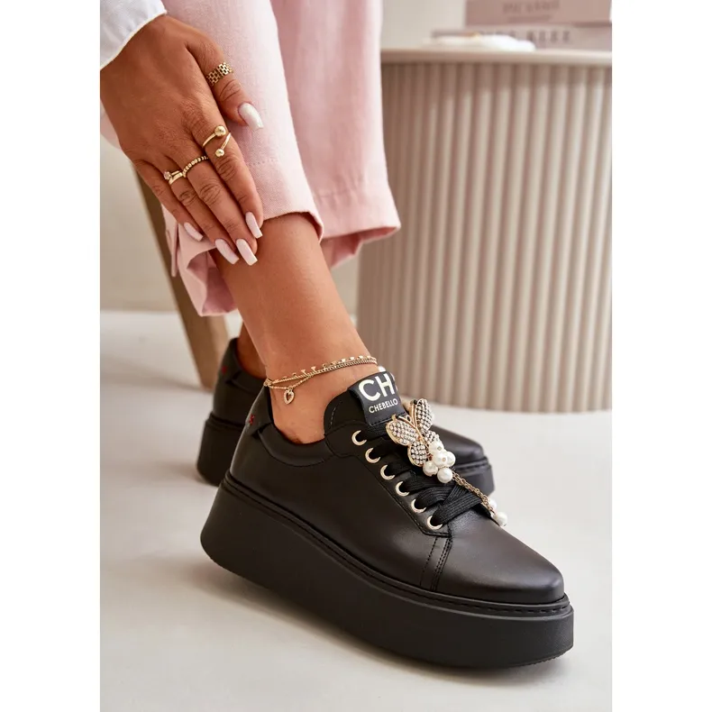 Women's Leather Sneakers On The Platform With Butterfly CheBello 4585 Black