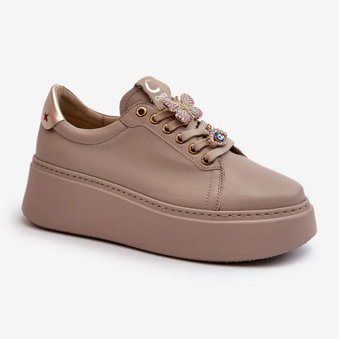 Women's Leather Sneakers With Decorations CheBello 4292 Beige