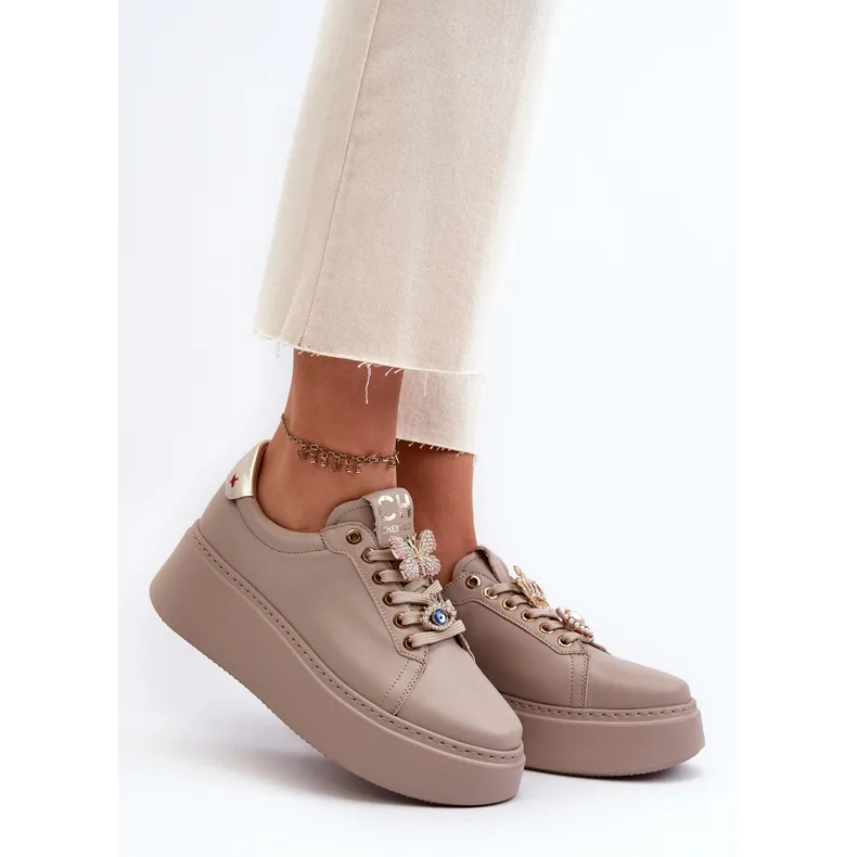 Women's Leather Sneakers With Decorations CheBello 4292 Beige