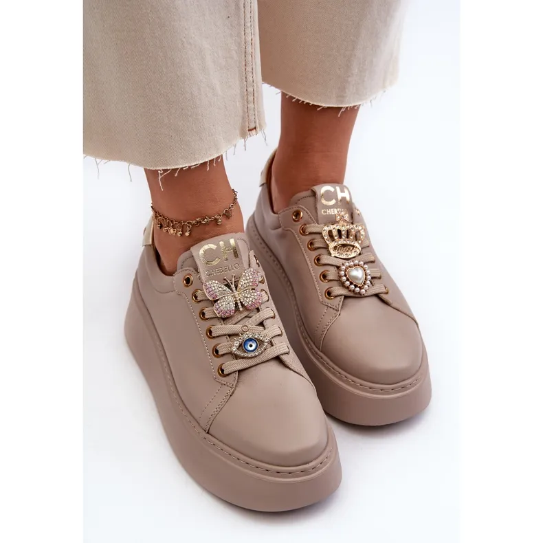 Women's Leather Sneakers With Decorations CheBello 4292 Beige