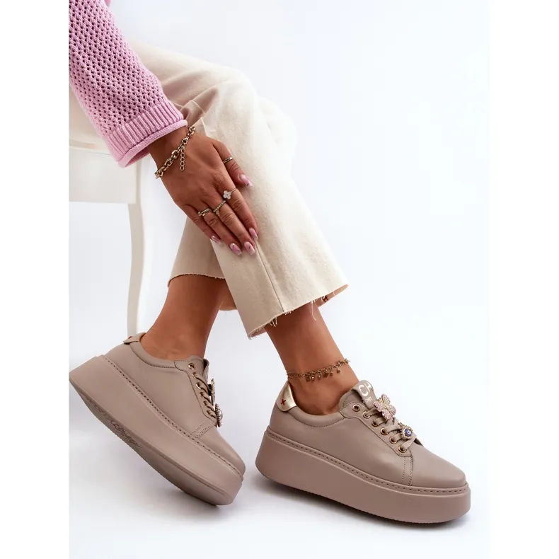 Women's Leather Sneakers With Decorations CheBello 4292 Beige