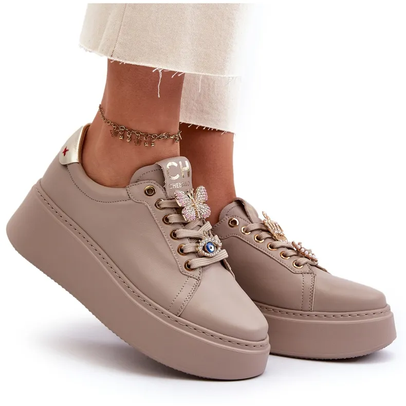 Women's Leather Sneakers With Decorations CheBello 4292 Beige