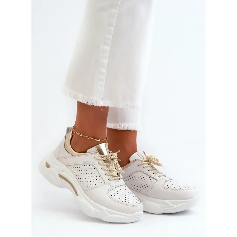 Women's Leather Sneakers With Thick Soles White-Gold Dzumati golden