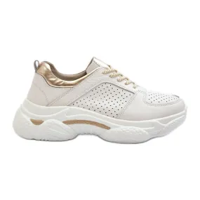 Women's Leather Sneakers With Thick Soles White-Gold Dzumati golden