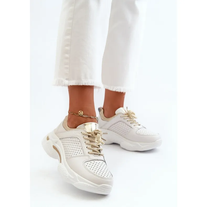 Women's Leather Sneakers With Thick Soles White-Gold Dzumati golden