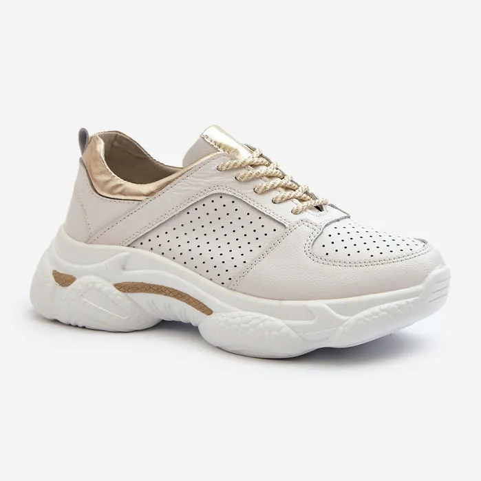 Women's Leather Sneakers With Thick Soles White-Gold Dzumati golden