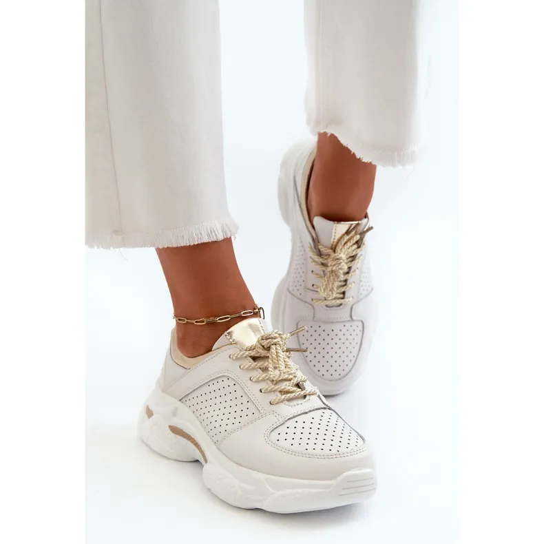 Women's Leather Sneakers With Thick Soles White-Gold Dzumati golden