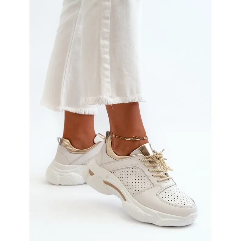 Women's Leather Sneakers With Thick Soles White-Gold Dzumati golden