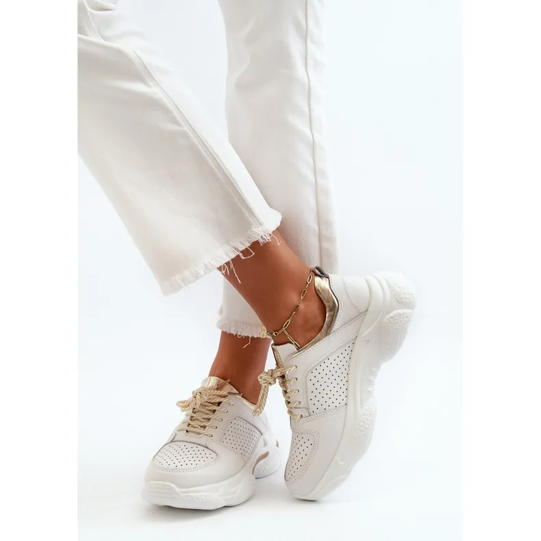 Women's Leather Sneakers With Thick Soles White-Gold Dzumati golden