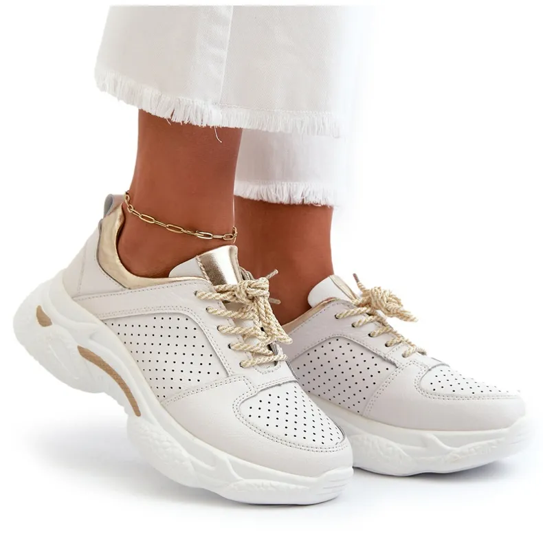 Women's Leather Sneakers With Thick Soles White-Gold Dzumati golden