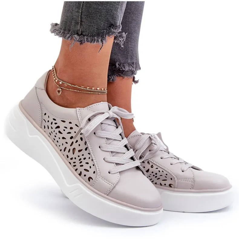 Women's Openwork Sneakers on the Platform Leather Gray Peilaeno grey