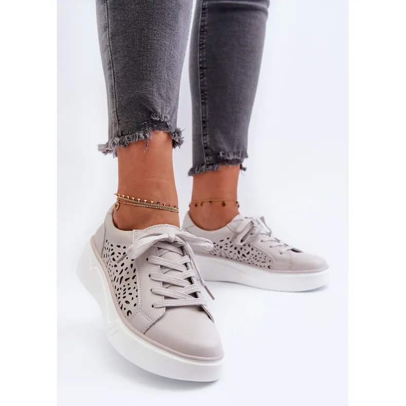 Women's Openwork Sneakers on the Platform Leather Gray Peilaeno grey